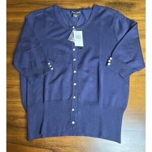 Audrey & Grace Navy Blue Sweater Pearl Button Up Short Sleeve Size L Preppy Chic